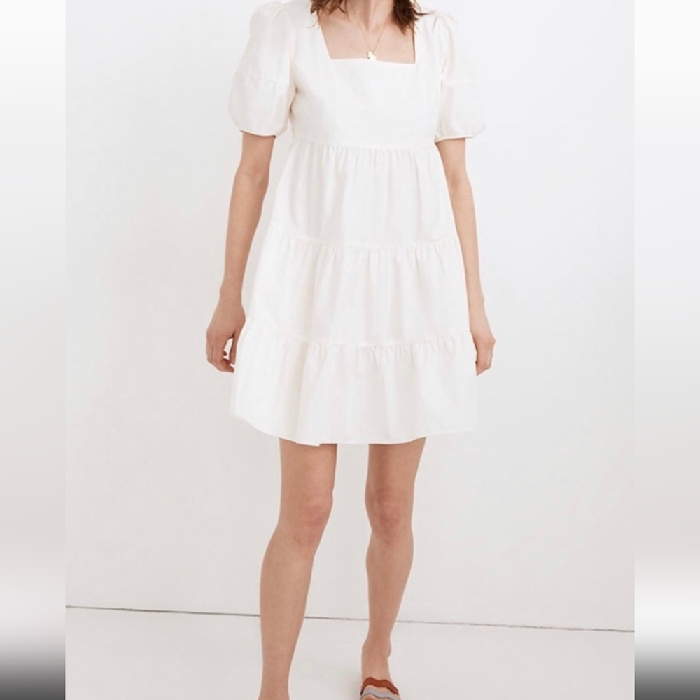 MADEWELL Oversized Poplin Puff Sleeve Tiered Babydoll Mini Dress Size 0 Cream